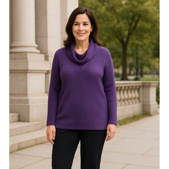 Roamans Purple Ribbed Knit Cowl Neck Sweater Size Large 18/20 Cozy Casual - Picture 1 of 7